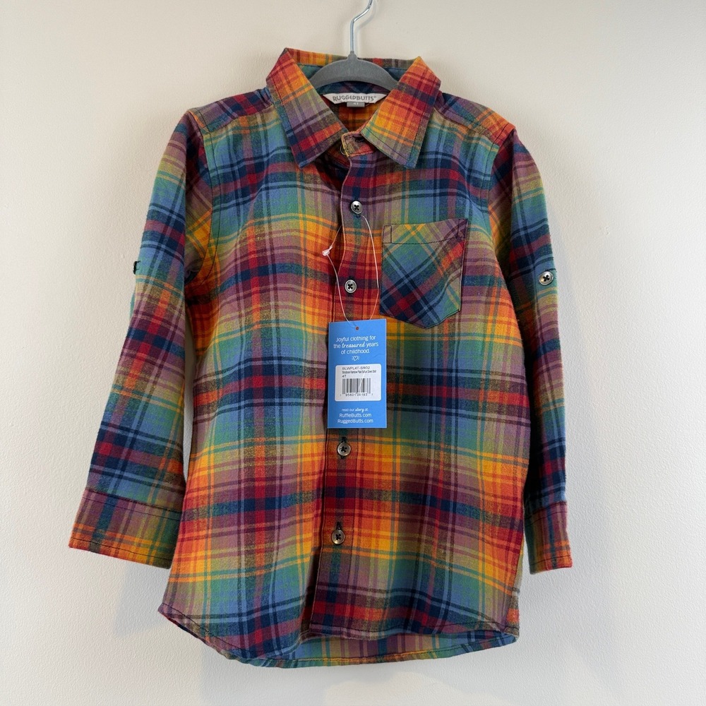 RuggedButts Button Down Boys 4T Rainbowcore Plaid Storybook Colorful Shirt